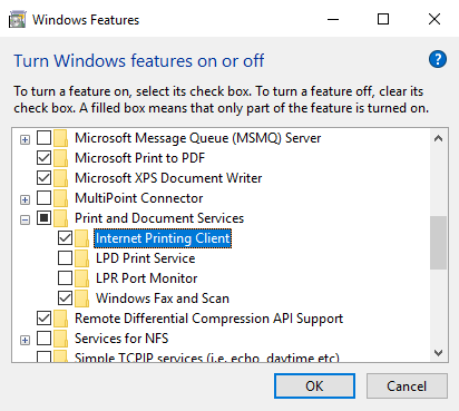 Windows 10 Features Enable IPP Client Image