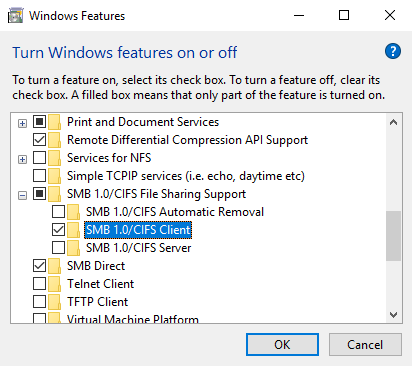 Windows 10 Features Enable SMB1 Client Image