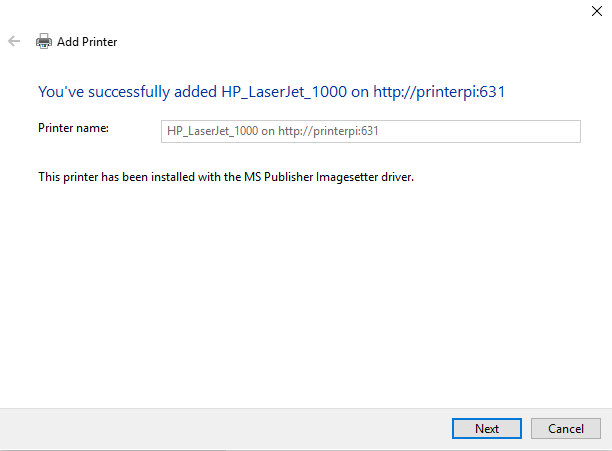 Windows 10 IPP Printer Added Image